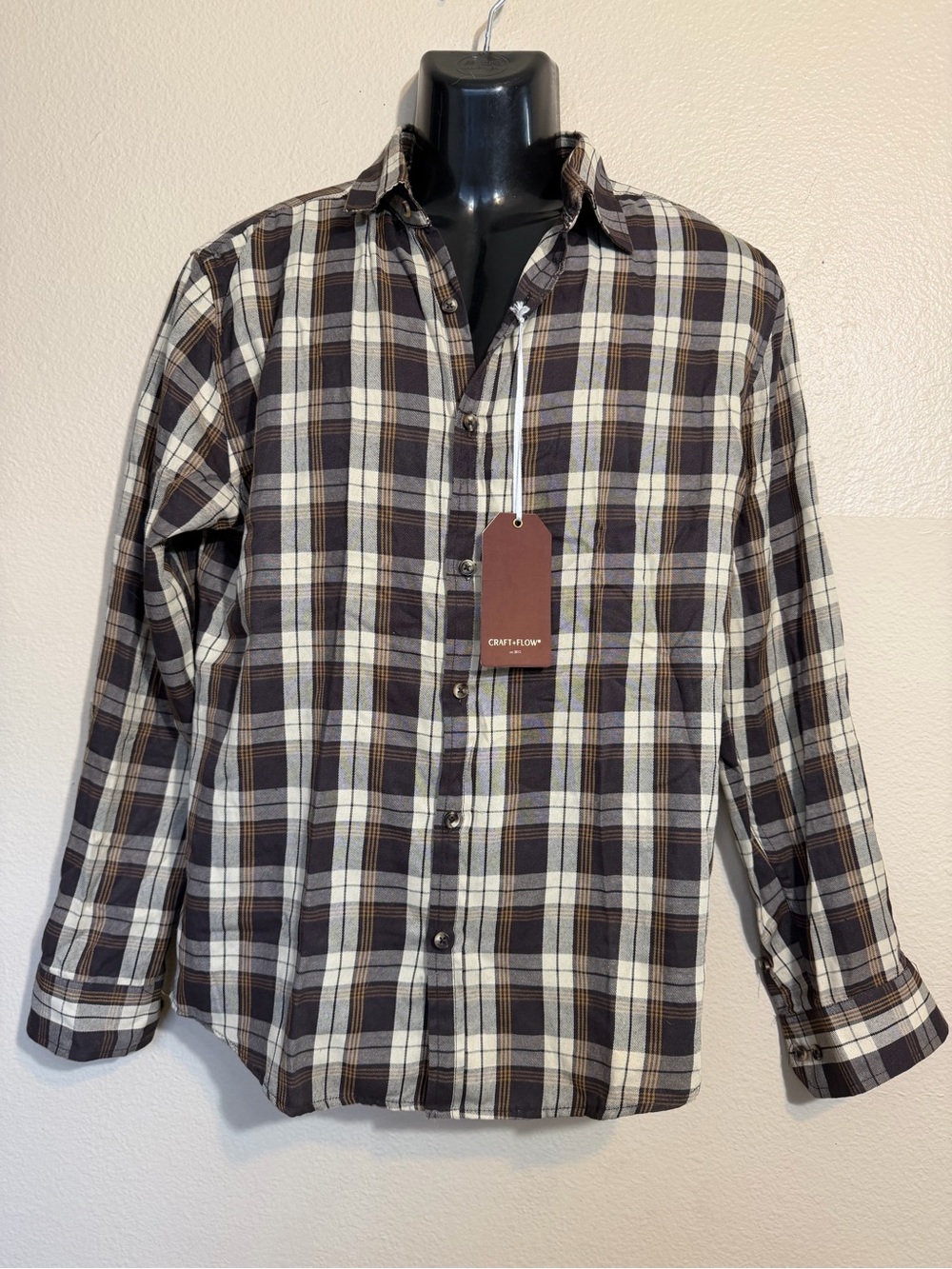 Men's Brown Plaid Button-Up Shirt - Casual Long Sleeve